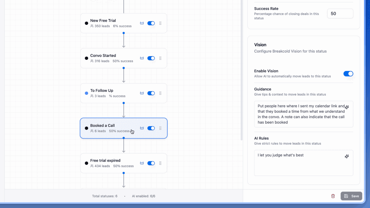 Animated AI Vision configuration auto-moving deals through the CRM pipeline