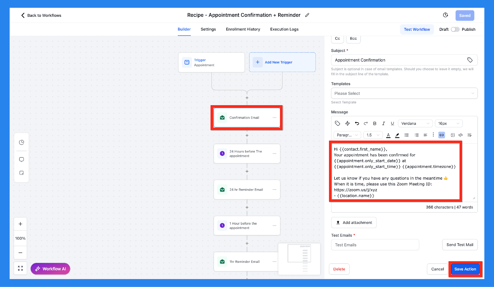 HighLevel appointment confirmation and reminder workflow recipe