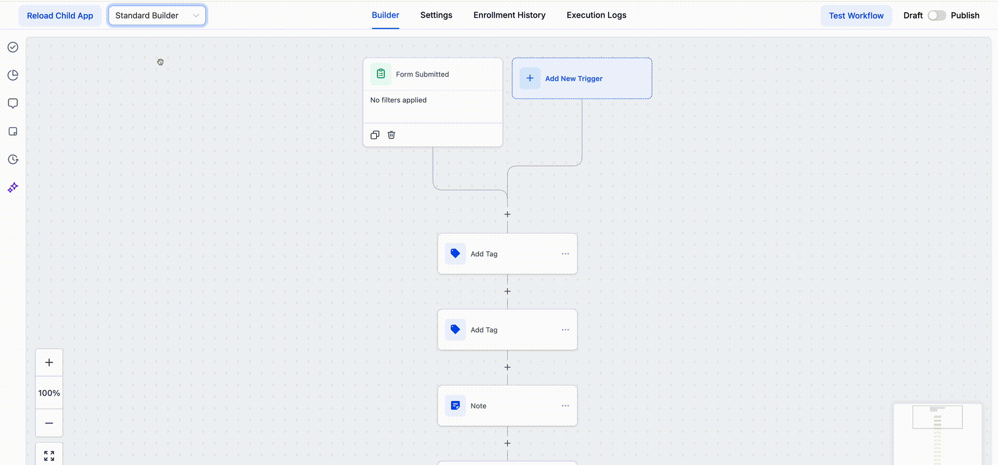 Animated HighLevel workflow builder assembling automation steps