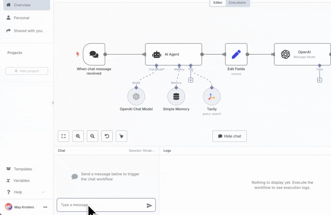 Real n8n AI-agent workflow: a chat trigger feeds an AI Agent powered by OpenAI, with Simple Memory and a Tavily search tool