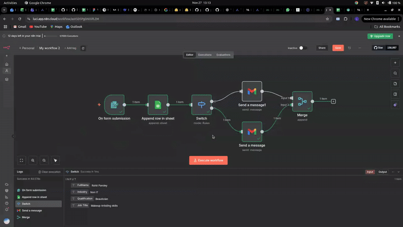 Real n8n workflow editor: on form submission, append a row in Google Sheets, switch and send a message, then merge — with a live execution log