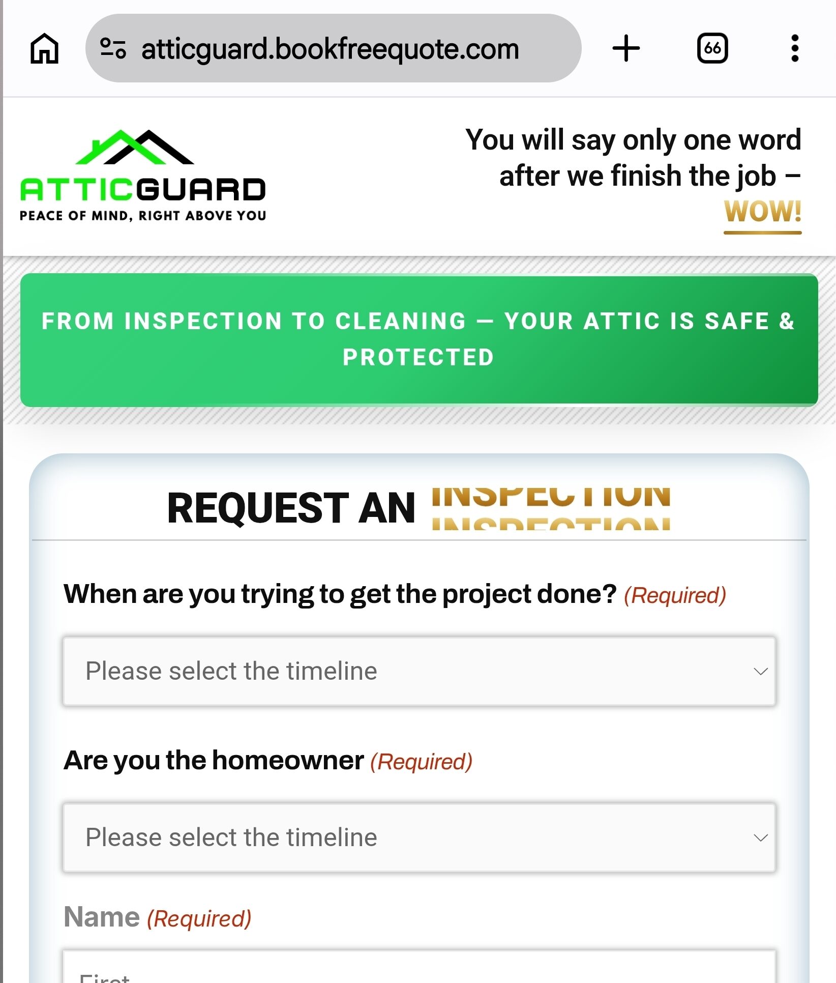 Green City Marketing landing page — attic inspection free quote offer