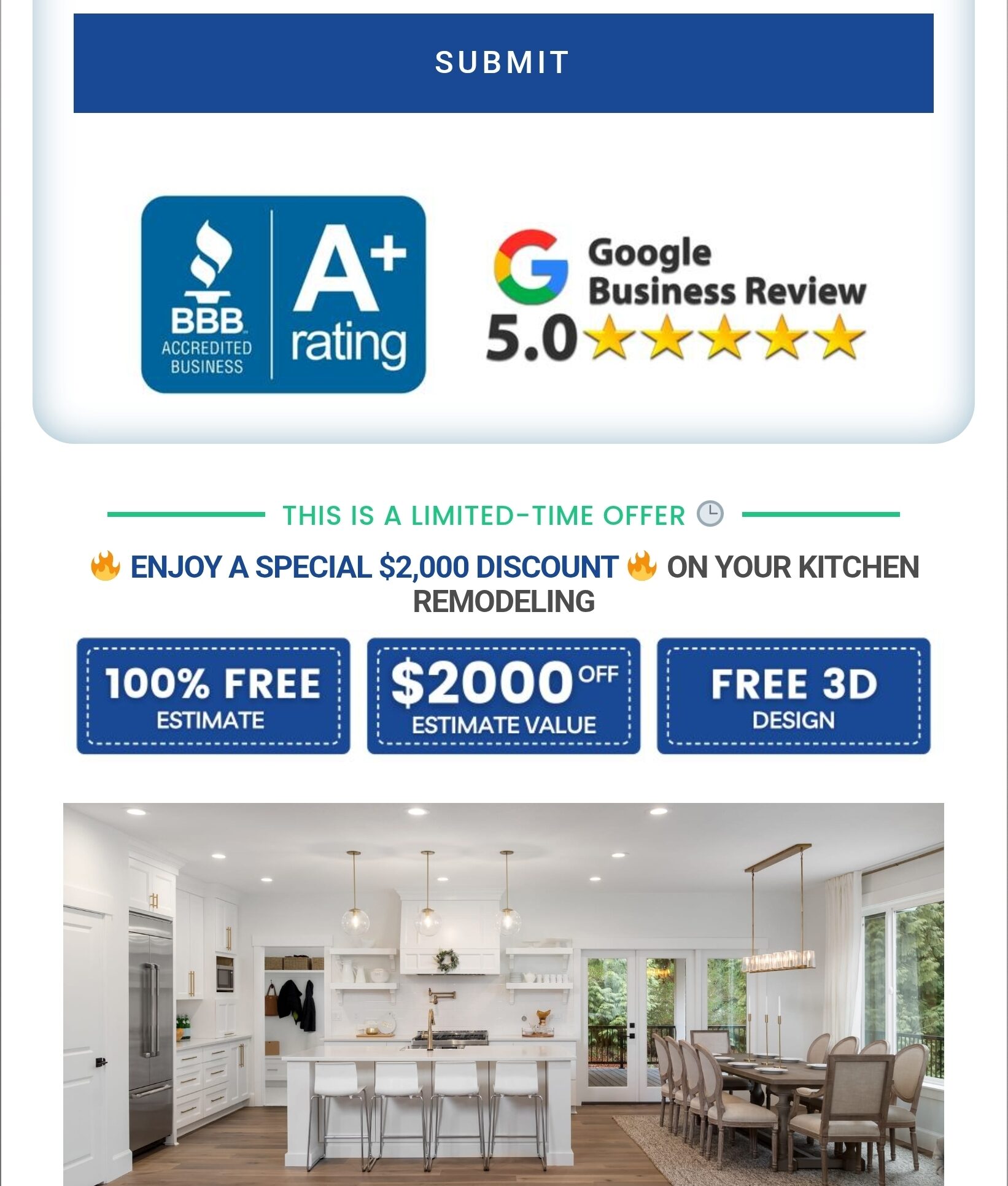 Green City Marketing landing page — kitchen remodel discount offer with reviews