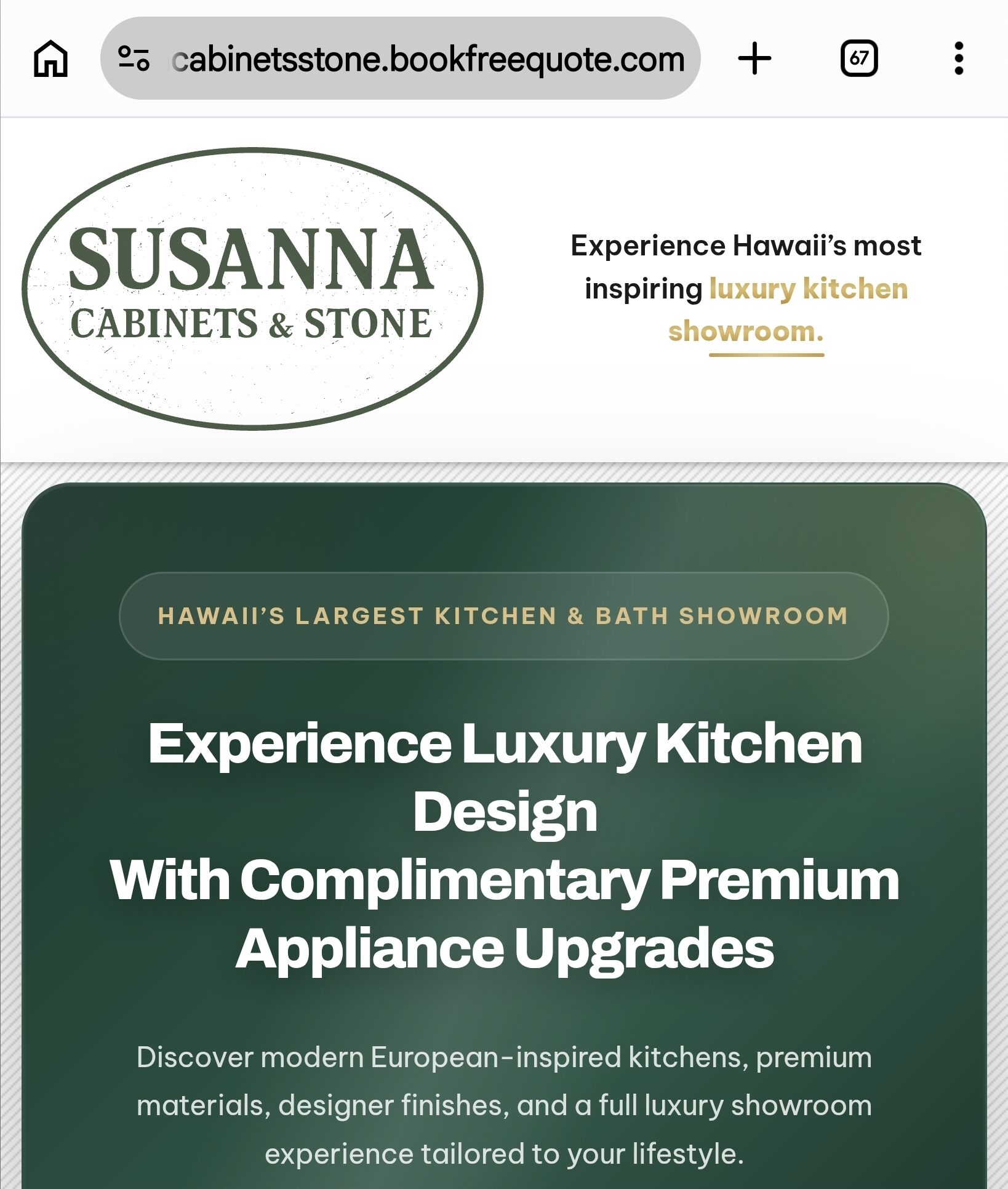 Green City Marketing landing page — luxury kitchen cabinets and stone showroom