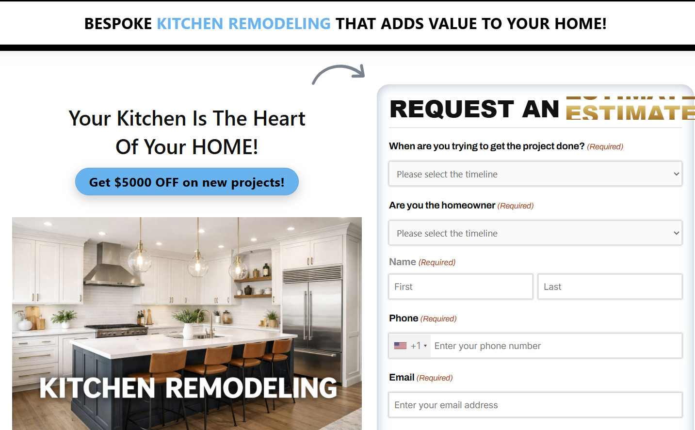 Green City Marketing landing page — bespoke kitchen remodeling, $5000 off estimate