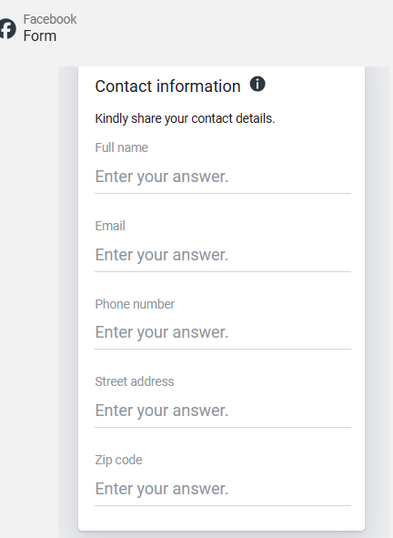 Real Meta instant lead form — contact fields