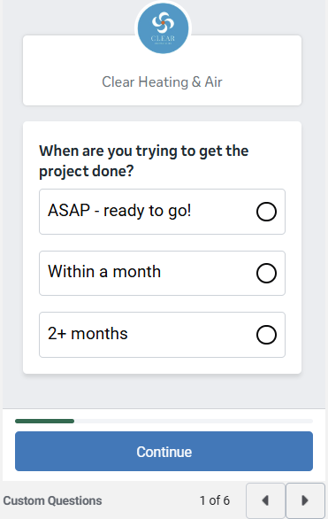 Real Meta instant lead form — project timeline question