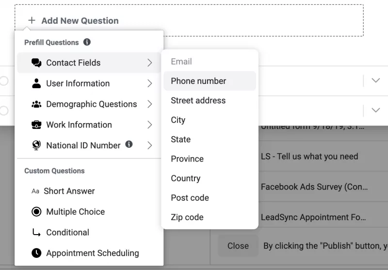 Meta instant lead form capturing name and number