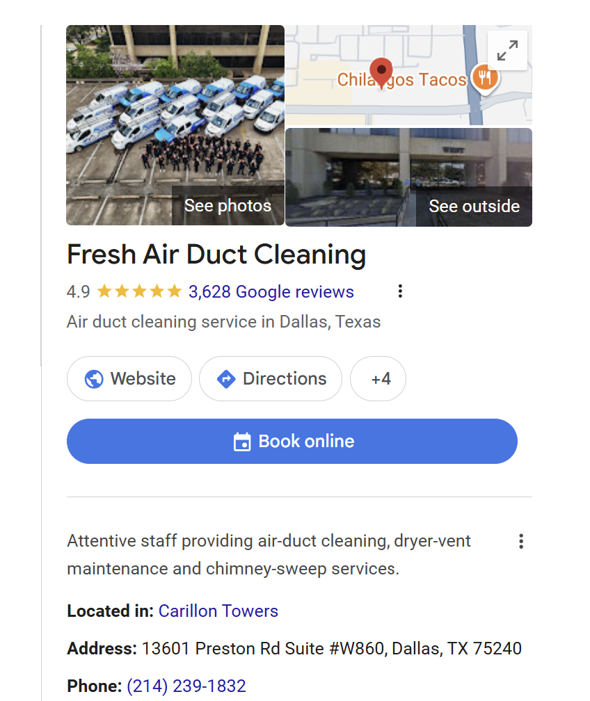 Fresh Air Duct Cleaning Google Business Profile with 3,628 reviews