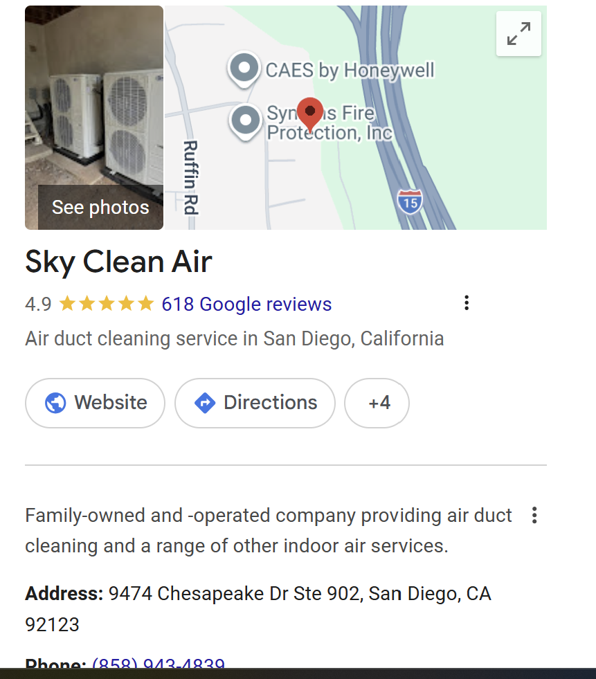 Sky Clean Air Google Business Profile and map with 618 reviews