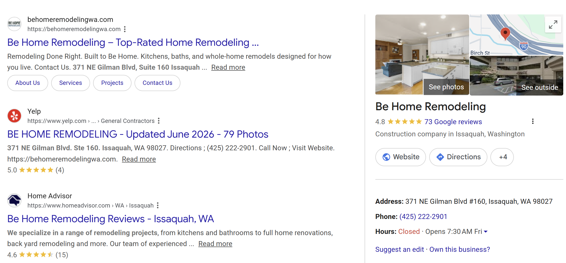 Be Home Remodeling ranking on Google search