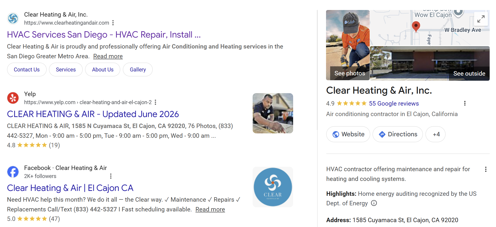 Real Google search result showing Clear Heating & Air ranking on page one