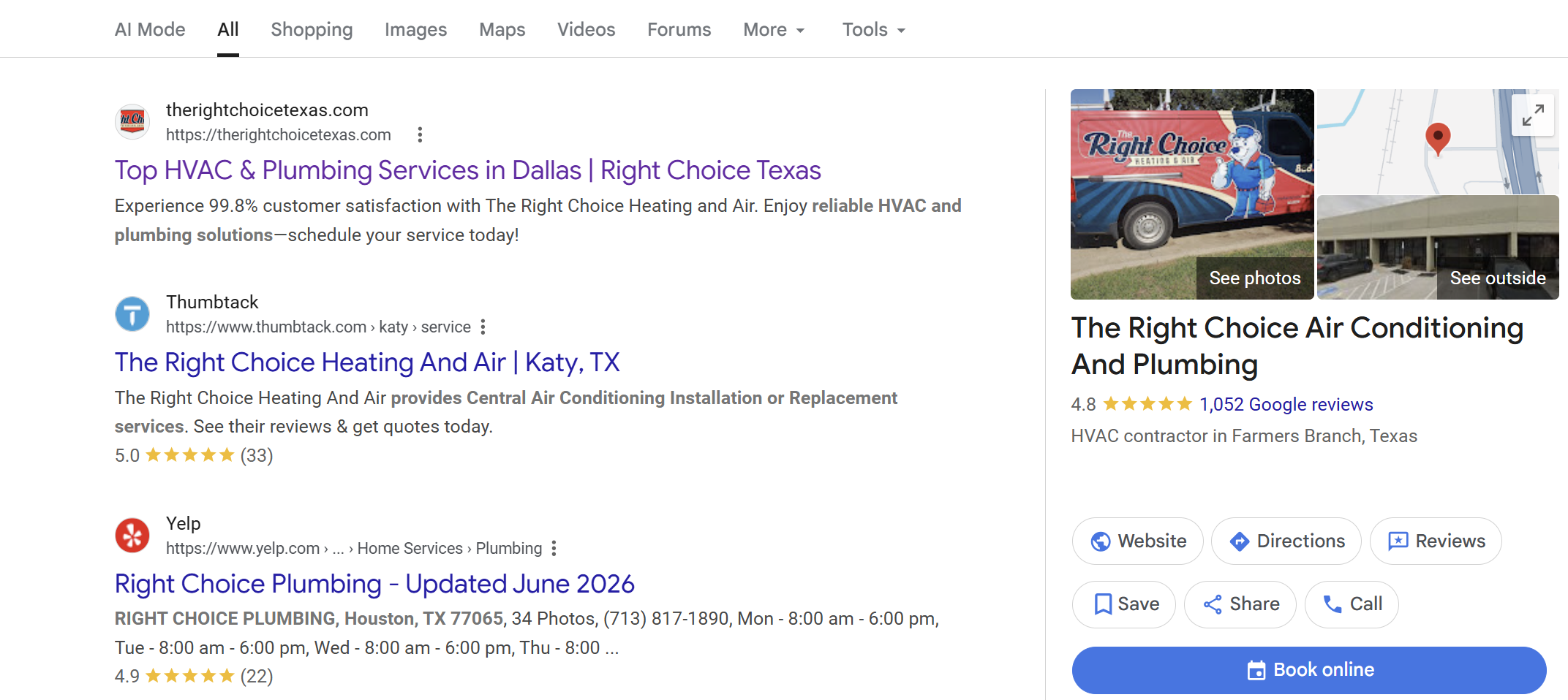 Right Choice Heating & Air ranking #1 on Google with 1,052 reviews