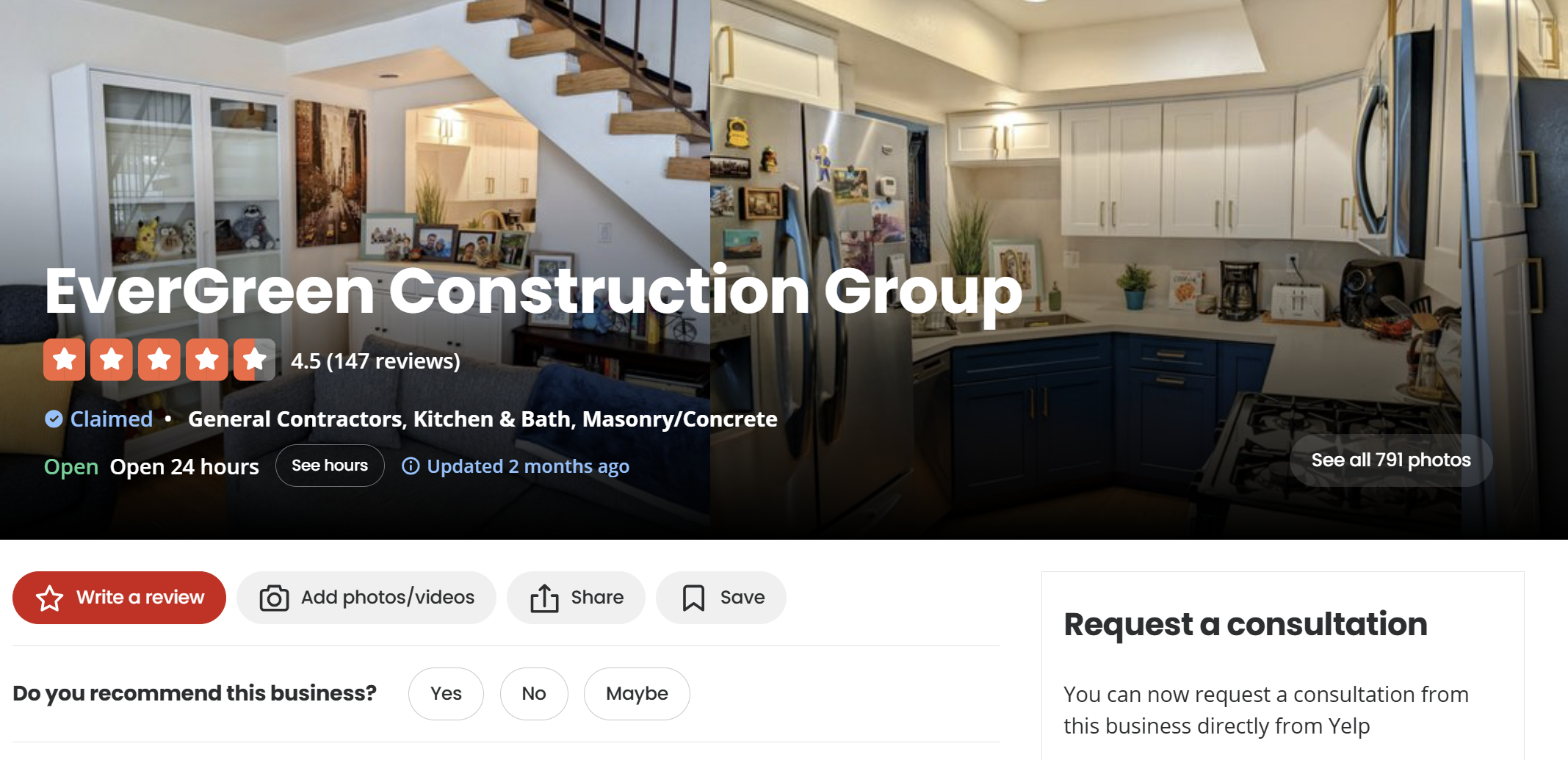 Real Yelp listing for Evergreen Construction — top rated with verified reviews
