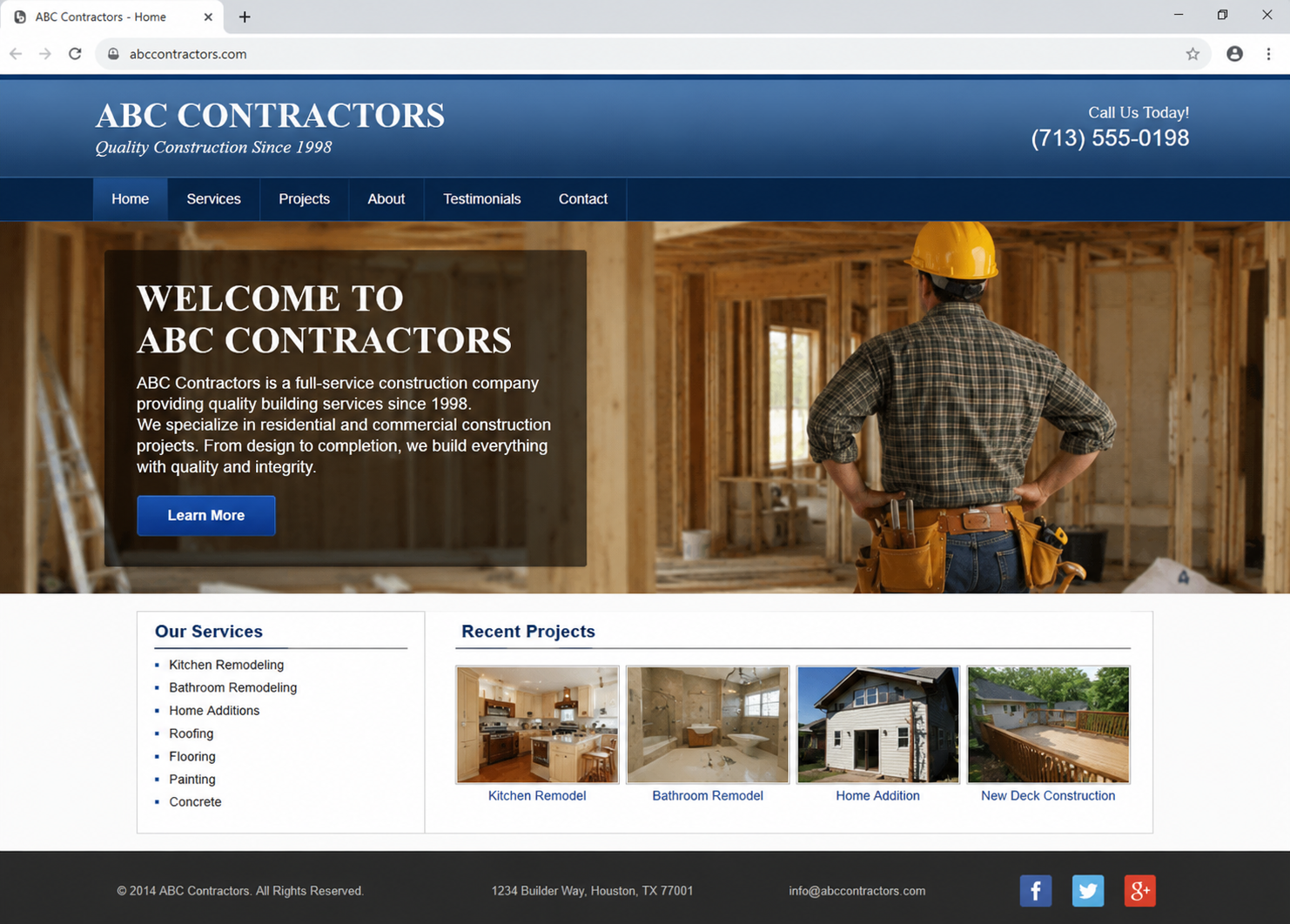 Outdated 'ABC Contractors' construction website — the kind of dated site Green City Marketing replaces