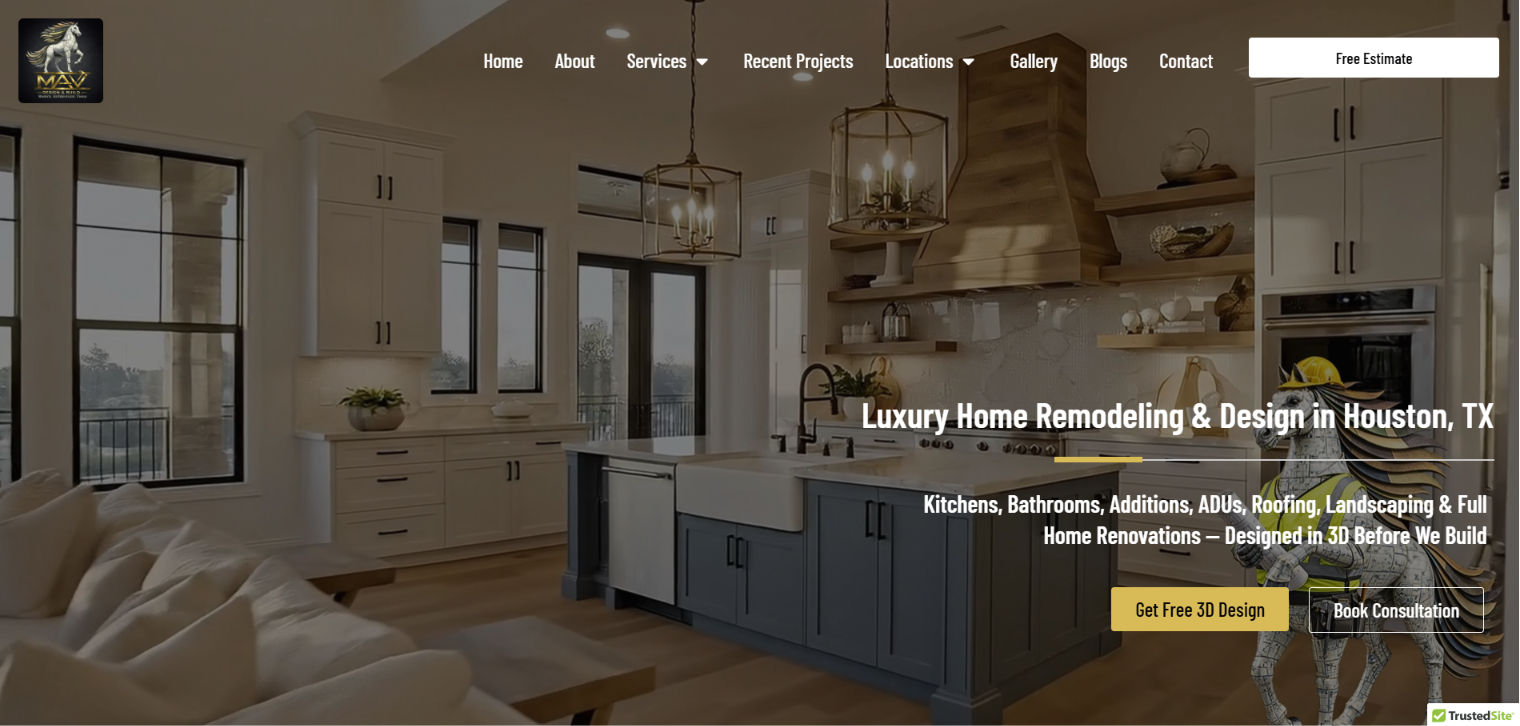 MAV Design & Build remodeling website shown on a desktop monitor