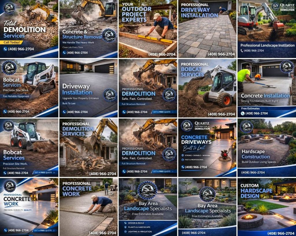 Ad creative library — demolition, concrete, driveway & hardscape campaigns