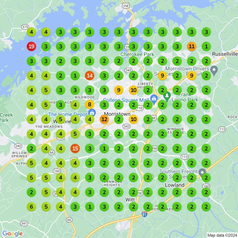 Service-area coverage geo-grid across the whole metro